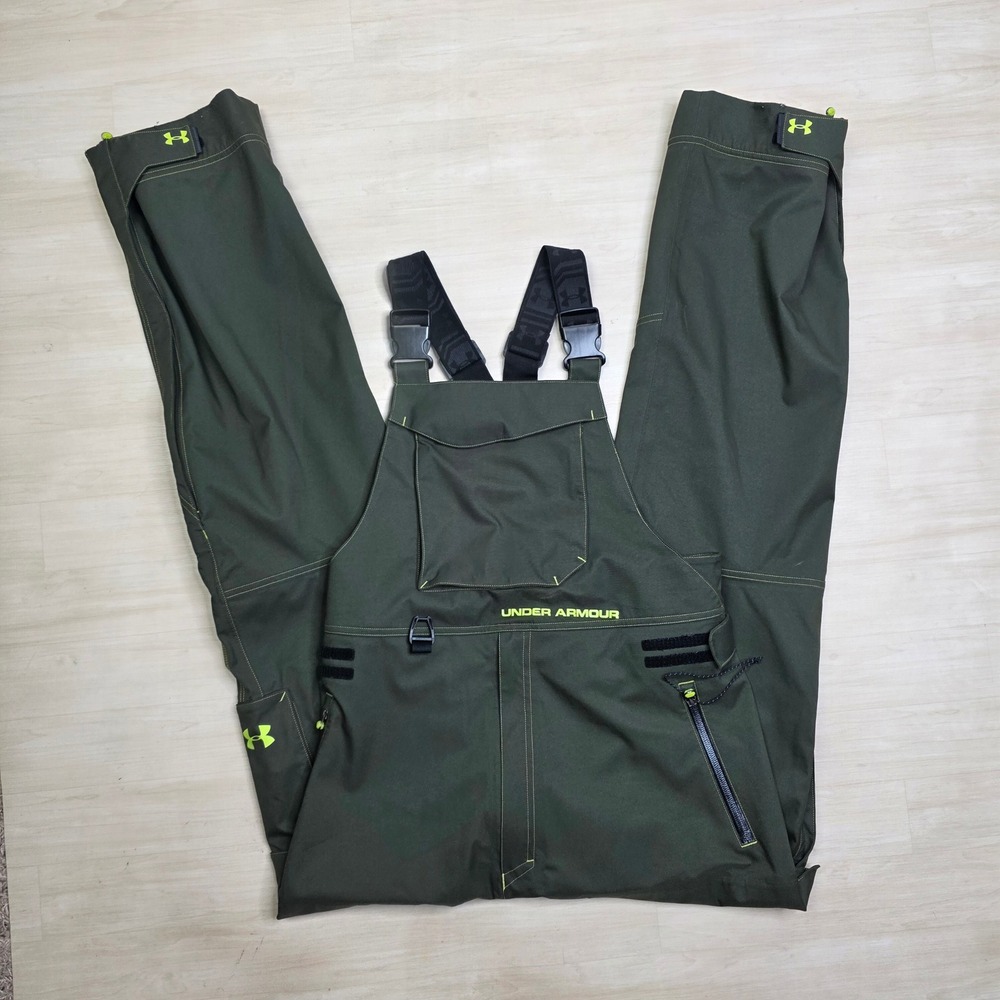 Under Armor Fish Elite Shoreline Rain Bib Mens Size Small Green Zipper Pockets